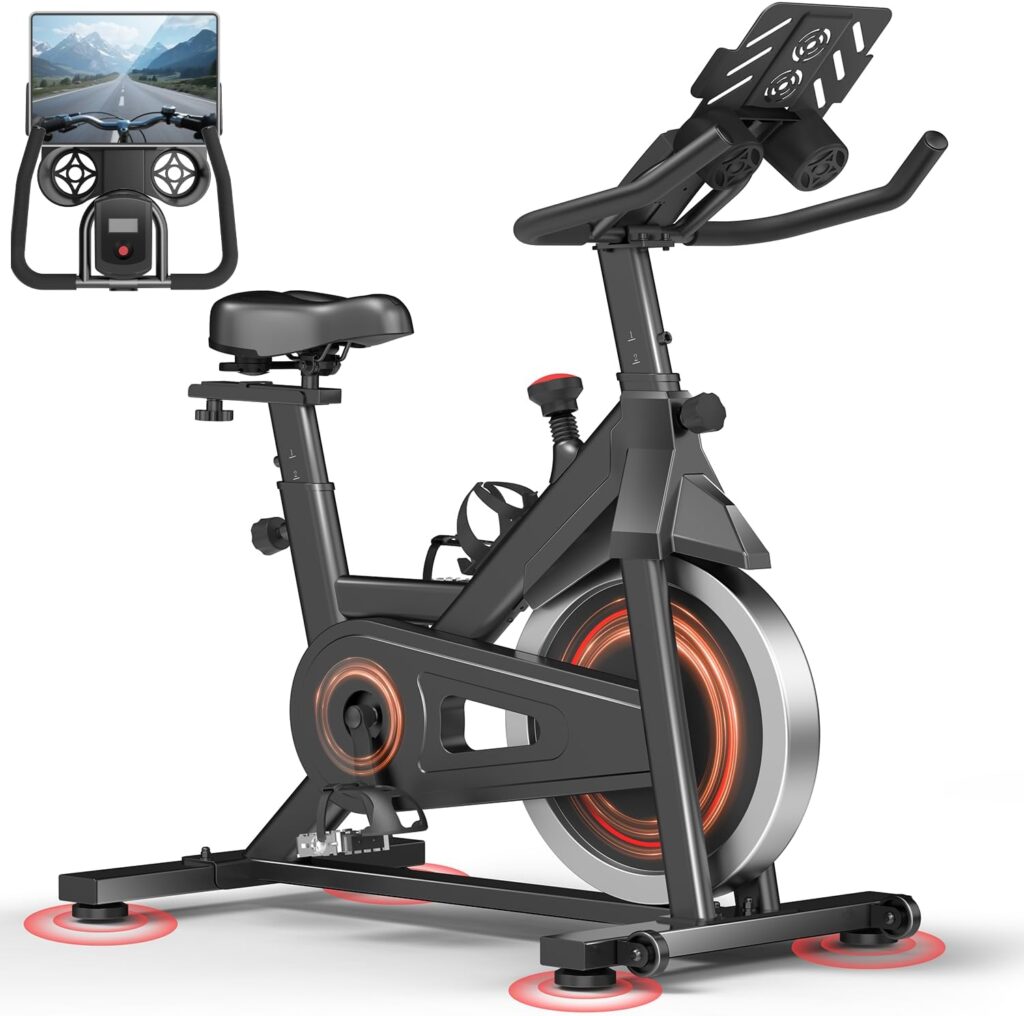 CURSOR FITNESS Exercise Bike, Brake Pad Stationary Bike for Home with Exclusive App, Stationary Bikes for Home with 300 lb Weight, Indoor Cycling Spin Bike Workout Bike with Extra Comfort Seat