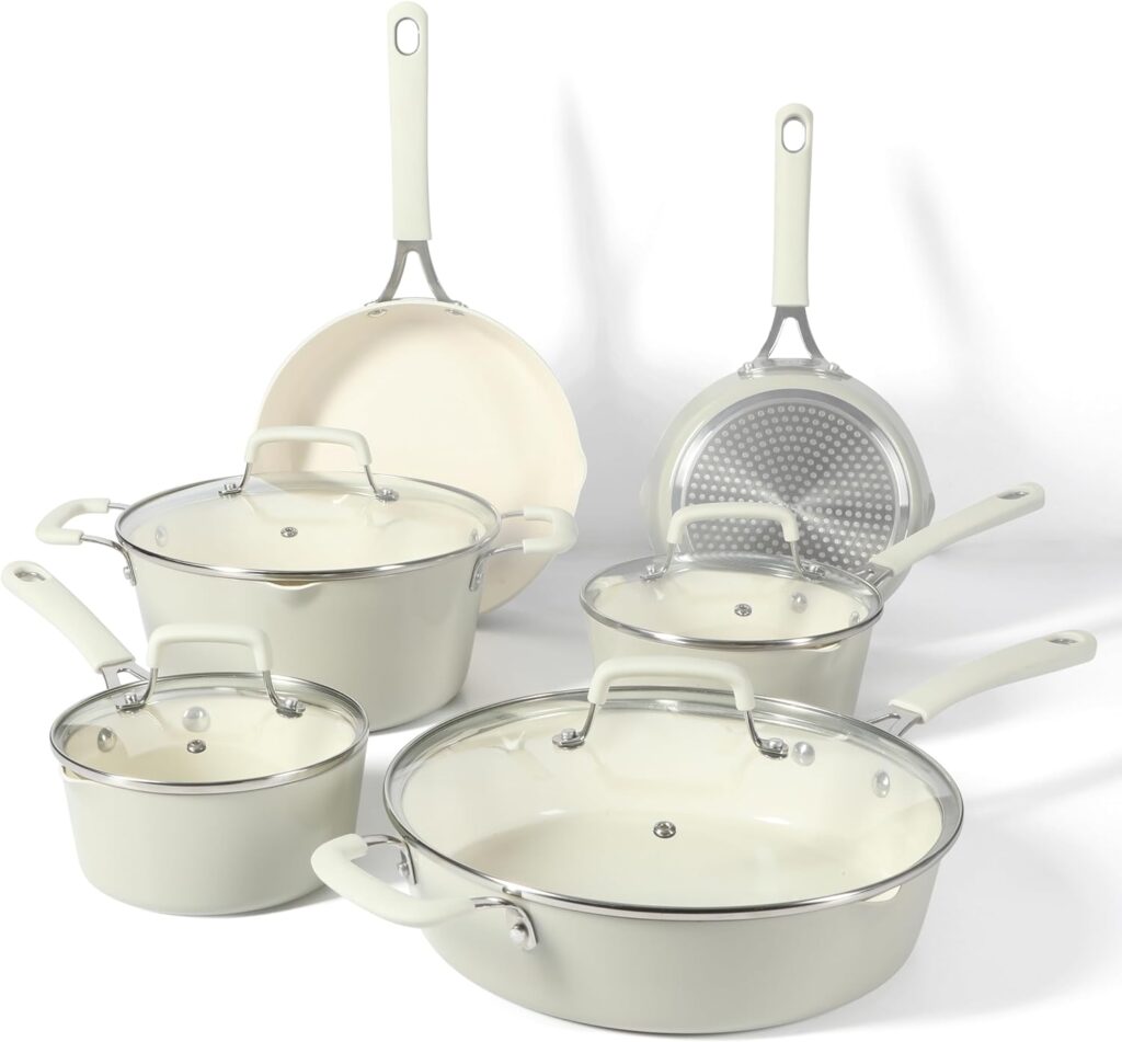 Martha Stewart Heathland Premium Nonstick PFA Free Ceramic Interior 10-Piece Tapered Aluminum Cookware Set – Linen White