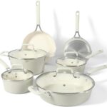 Martha Stewart Heathland Premium Nonstick PFA Free Ceramic Interior 10-Piece Tapered Aluminum Cookware Set – Linen White