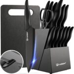 16 Pieces Kitchen Knife Block Set with Cutting Board, German Stainless Steel Knife Set with Sharpener, Dishwasher Safe, Anti-Slip Handle, 6 Steak Knives