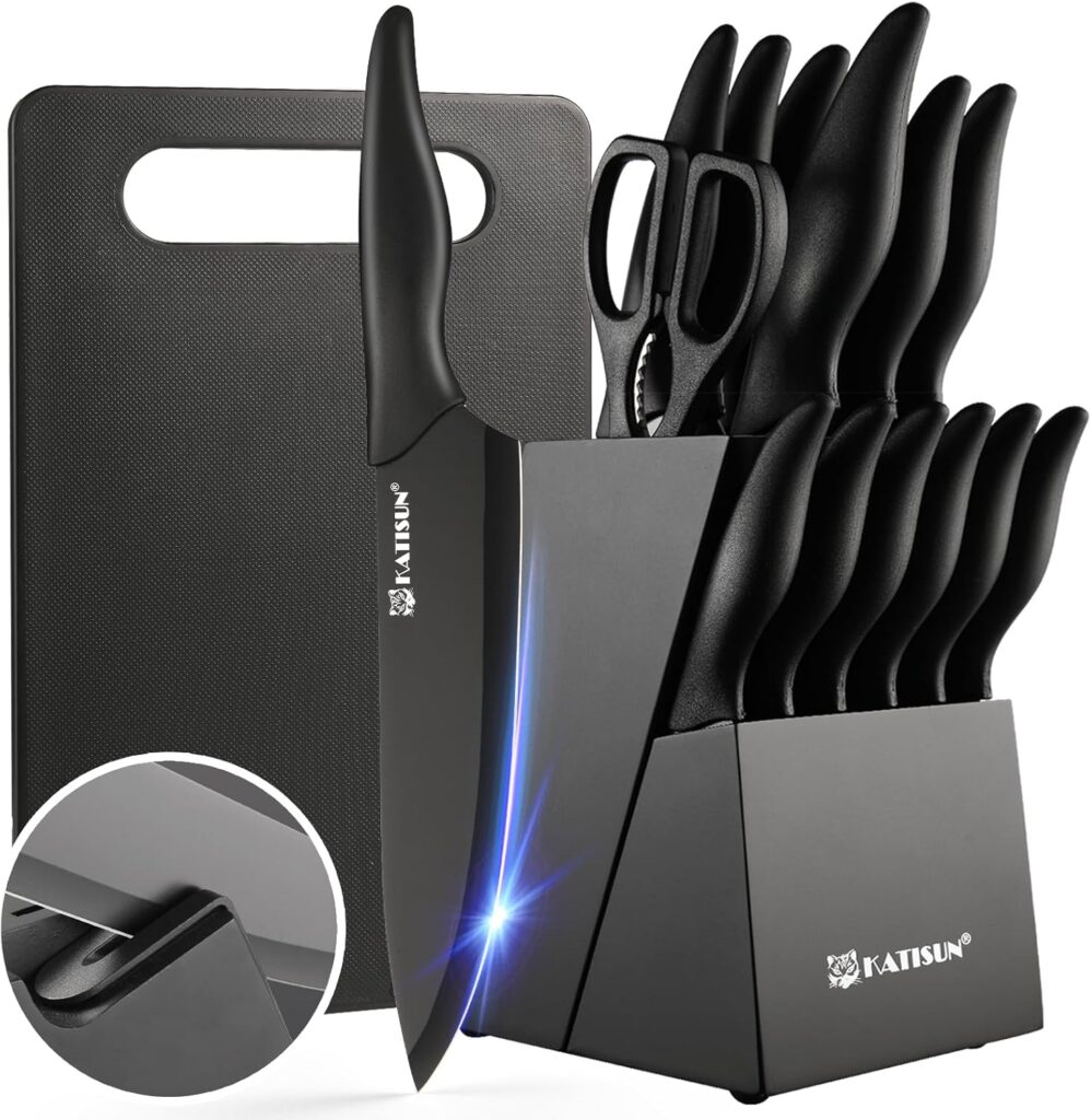 16 Pieces Kitchen Knife Block Set with Cutting Board, German Stainless Steel Knife Set with Sharpener, Dishwasher Safe, Anti-Slip Handle, 6 Steak Knives