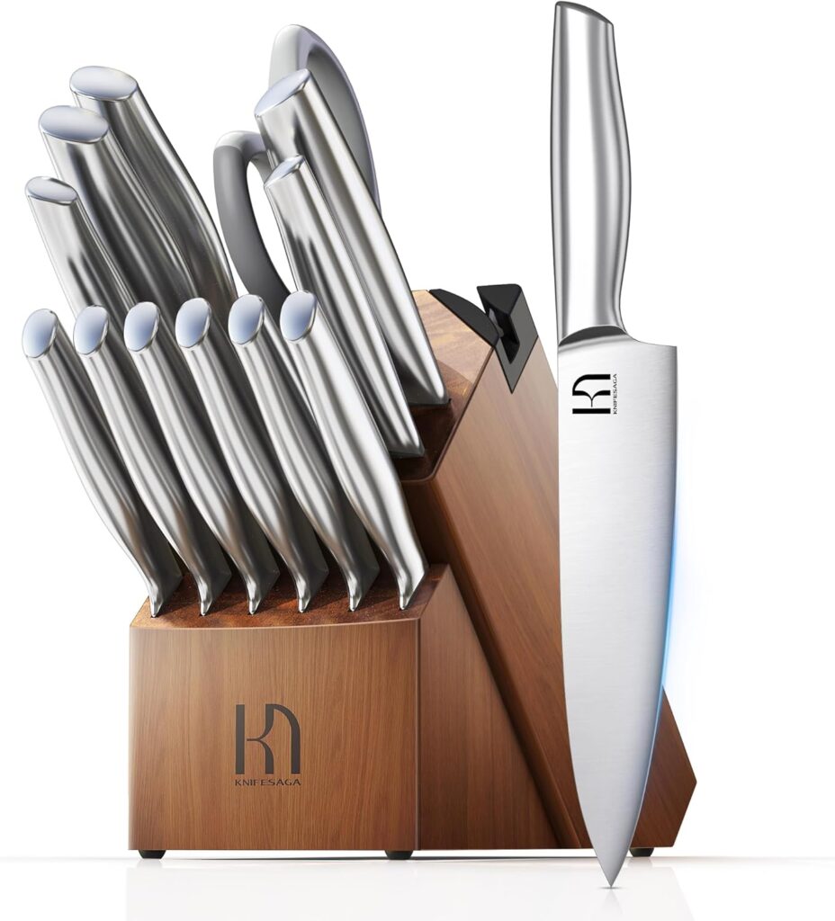 Kitchen Knife Set 14 Piece Premium Japanese High Carbon Stainless Steel Knife Block Sets with Built-in Sharpener, Razor Sharp Knives Set for Kitchen, Quality Acacia Wood Block Knife Set