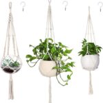 MIPON 3 Pack Macrame Plant Hanger Indoor Hanging Planter for Plants Holder with 3 Hooks,46″/41″/34″ Size for Boho Home Decor,Ivory(POTS NOT Included)