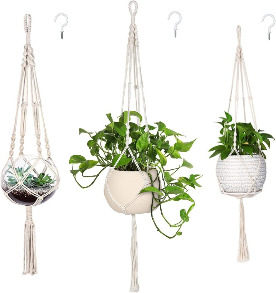MIPON 3 Pack Macrame Plant Hanger Indoor Hanging Planter for Plants Holder with 3 Hooks,46″/41″/34″ Size for Boho Home Decor,Ivory(POTS NOT Included)