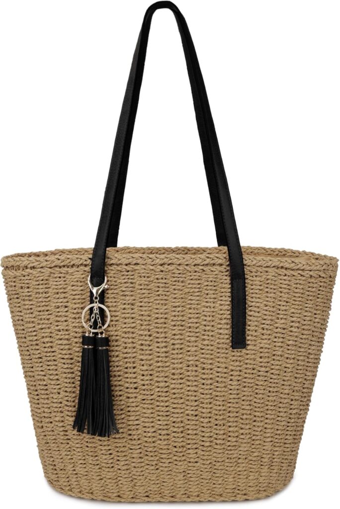 Womens Large Straw Tote Bag Handmade Woven Shoulder Handbag Summer Beach Purse with Tassel