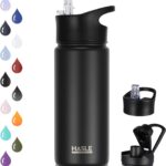 HASLE OUTFITTERS Insulated Water Bottle 16 oz Double Wall Vacuum Stainless Steel Water Bottle Leak Proof Wide Mouth with Straw Lid & Spout Lid Keeps Cold and Hot(Black,1pack)