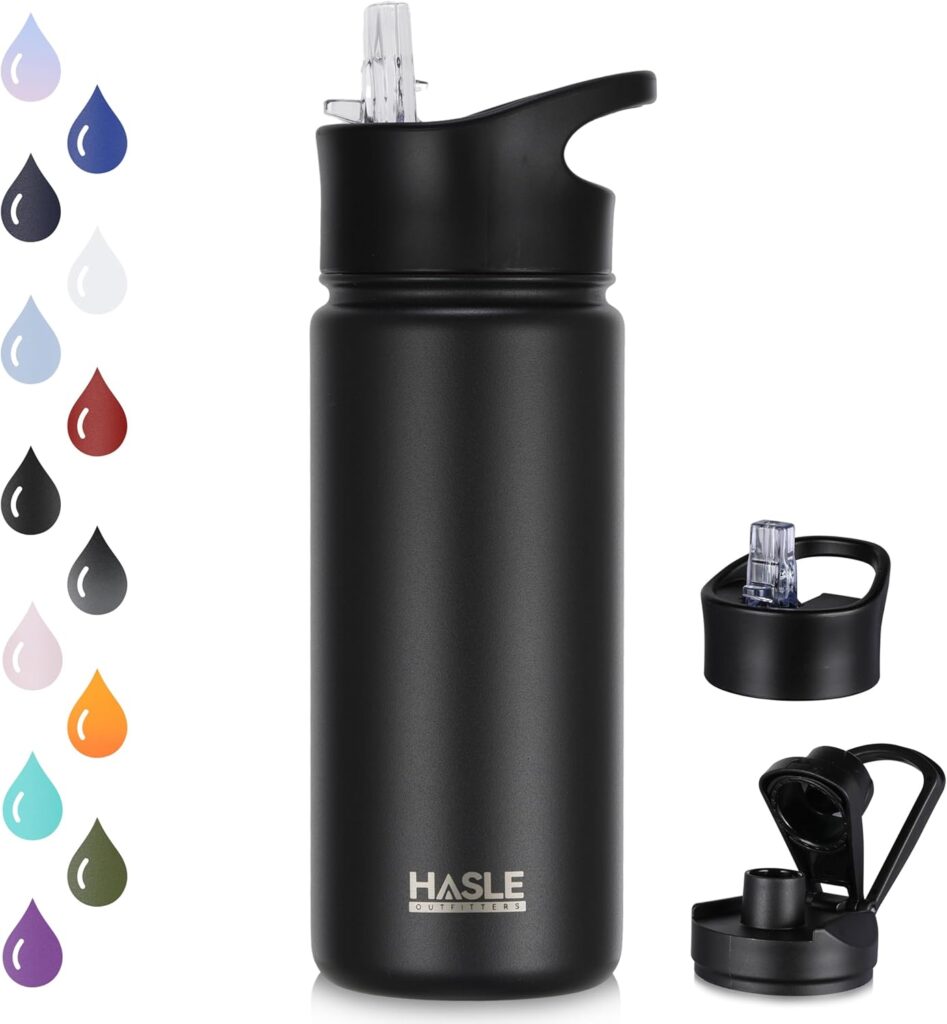 HASLE OUTFITTERS Insulated Water Bottle 16 oz Double Wall Vacuum Stainless Steel Water Bottle Leak Proof Wide Mouth with Straw Lid & Spout Lid Keeps Cold and Hot(Black,1pack)