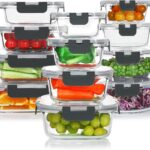 KOMUEE 24 Pieces Glass Food Storage Containers Set,Meal Prep Containers-Stackable Airtight Glass Storage Containers with lids,Freezer, Microwave, Oven Safe,Gray
