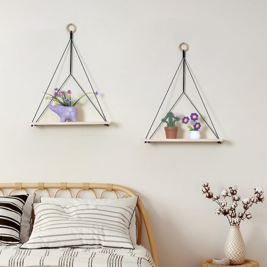 HVEST Macrame Wall Hanging Shelf Set of 2, Geometric Bookshelf Wall Art Decor Wood Floating Shelves Storage Black Macrame Plant Hanger Handmade Woven Tapestry for Bedroom Living Room Nursery Dorm
