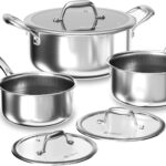 COOKER KING Hybrid Nonstick 6 Pcs Pot Set, 1.5 & 2QT Saucepan and 5-Quart Pots with Glass Lids, Induction Stainless Steel Cookware, Stay-Cool Handles, Dishwasher Safe, Compatible with All Cooktops