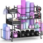 Mythinglogic Weight Rack for Dumbbells, Home Gym Storage for Yoga Mat Dumbbells Kettlebells and Strength Training Equipment, Dumbbell Rack with Wheels and Hanging Hooks