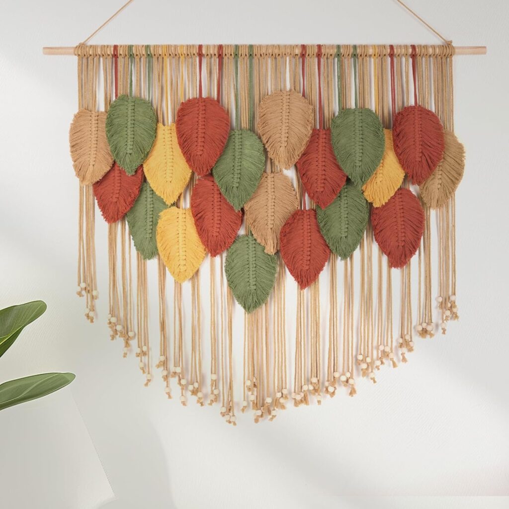 KaloKalo Large Macrame Wall Hanging Boho Tapestry Leaf Feather Wall Decor Art Chic Bohemian Handmade Woven Home Decoration Wood Holder for Bedroom Living Room Apartment Wedding Party – 43″ W x 35″ L