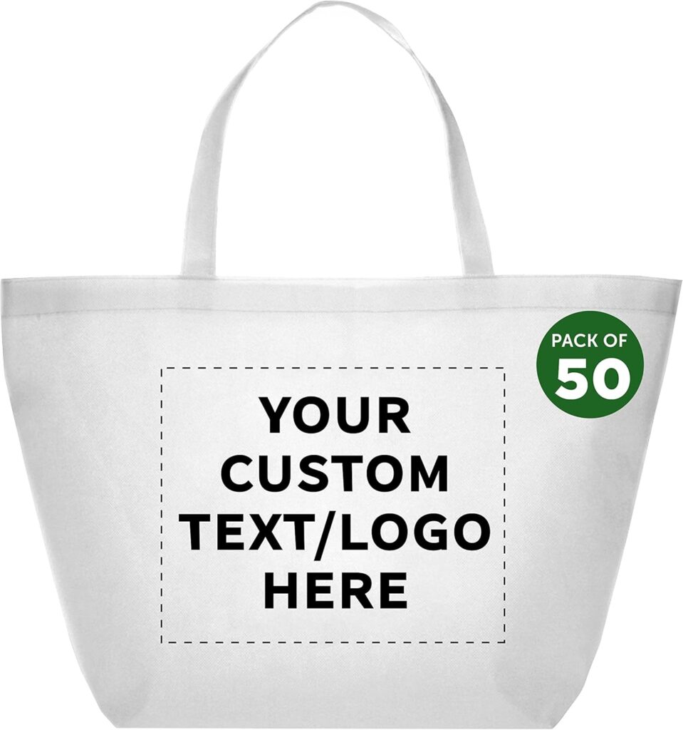 DISCOUNT PROMOS Custom Southern Style Grocery Tote Bags Set of 50 – Personalized Bulk Pack, Reusable Grocery & Shopping Bags – Great for Travel, Carry on Bag, Business Promotions – White – 20″X13″X8″