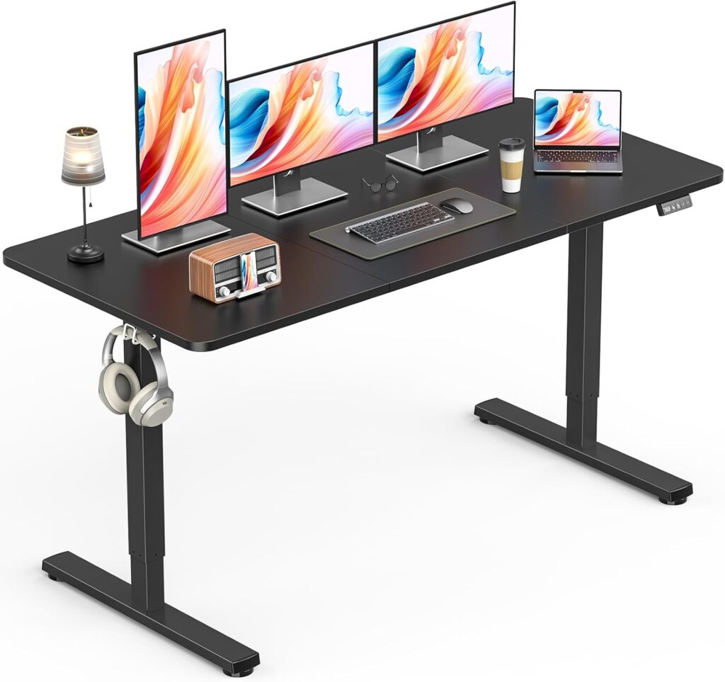 Standing Desk, Height Adjustable Electric Stand up Desk, 55 x 24 Inches Sit Stand Home Office Desk with Splice Board, Black Frame/Black Top