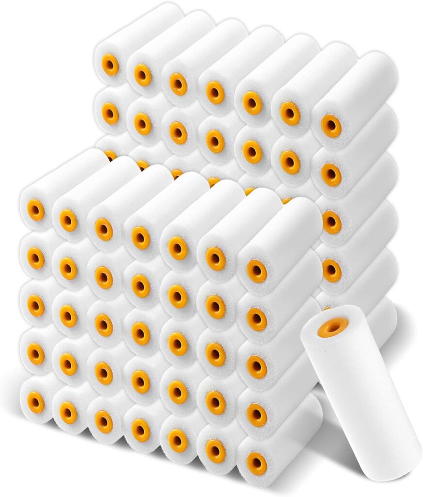 100 Pack 4 Inch Foam Paint Roller, High Density Foam Paint Roller Covers Mini Painting Rollers Refills Painting Edger Tool for Flat Surfaces, Cabinets, Doors, Wall, Tables, White
