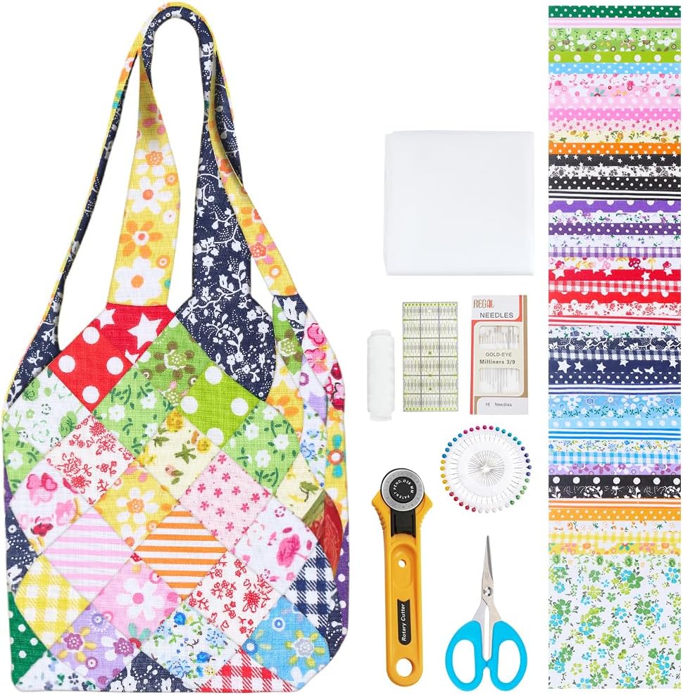 WEBEEDY DIY Small Bag Quilted Kit Square Pattern Handbag Quilted Starter Kit for Beginners Adults Handmade Small Bag Making Set with 50 Mixed Colours Fabrics Instructions and Complete Quilting Tools