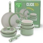 GreenLife 10 Piece Nonstick Pots & Pans Set, Detachable Handle & Stackable Cookware Set, Non Toxic PFAS-Free Skillets, Induction Kitchen Pans, Space Saving, Serving Bowls, Oven Safe, Sage Green