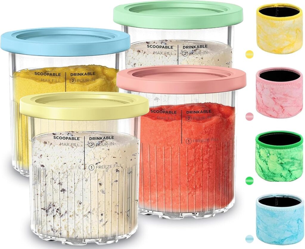 for Ninja Creami Deluxe 24OZ Pints and Lids 4 Pack with Neoprene Sleeve,Family Ice Cream Storage Containers for Ninja Creami Maker 11-in-1 NC501 NC500 Series (Dishwasher Safe Reusable Leak Proof)