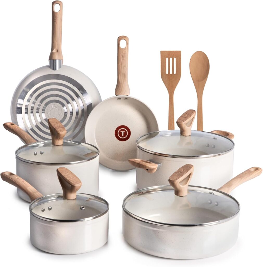 T-Fal Revive Ceramic Nonstick Cookware Set, Oven Safe Up to 350ºF, 12-Piece, Includes Stockpot, Saucepan, Skillet, Frying Pans, Utensils, Ceramic Pots and Pans Set, Beige Granite