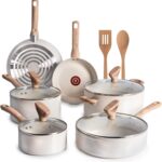 T-Fal Revive Ceramic Nonstick Cookware Set, Oven Safe Up to 350ºF, 12-Piece, Includes Stockpot, Saucepan, Skillet, Frying Pans, Utensils, Ceramic Pots and Pans Set, Beige Granite
