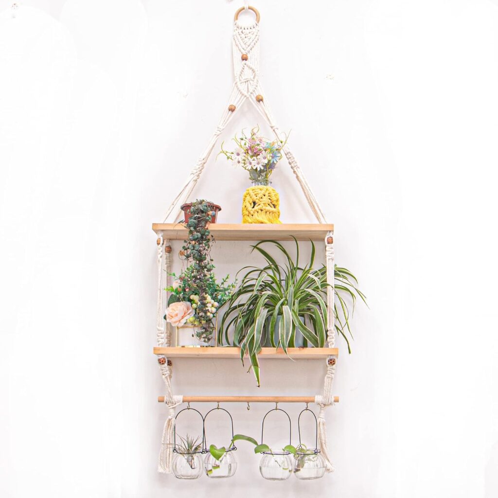 Wall Hanging Shelves Macrame Boho Floating Plant Photos Storage Rack Wood Shelf with Hooks for Bedroom Living Room Bathroom (2tier Shelves)