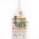 Wall Hanging Shelves Macrame Boho Floating Plant Photos Storage Rack Wood Shelf with Hooks for Bedroom Living Room Bathroom (2tier Shelves)