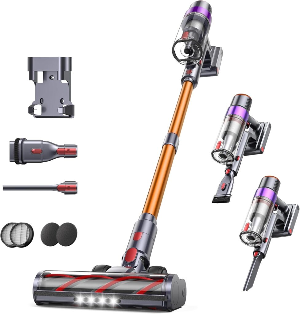 Fieety Cordless Vacuum Cleaner, 550W 45KPA Cordless Stick Vacuum Cleaner with 60Mins Rechargeable Battery, LED Touch Display, Handheld Vacuum Cleaners for Home/Pet Hair/Carpets/Floors