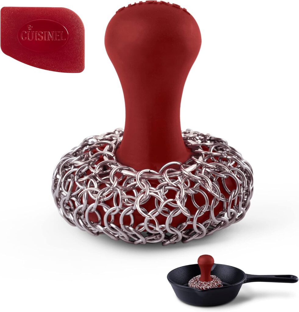 Cuisinel Cast Iron Chainmail Scrubber + Pan Scraper – The Patented Original Ergonomic Stainless & Silicone Pot & Skillet Cleaner – Premium Food-Safe Design – Easy Clean Dishwasher Safe Cookware Sponge