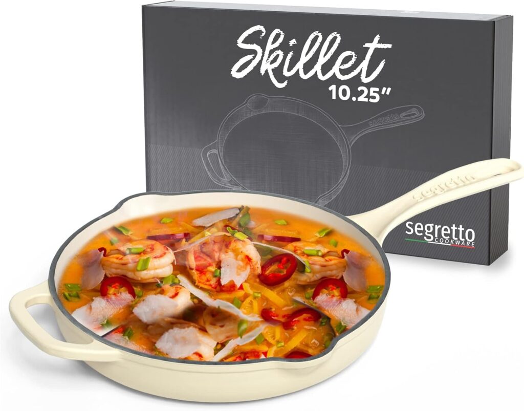 Segretto Cookware Enameled Cast Iron Skillet, 10.25-IN Bianco Perla (Off-White) Enamel Skillet Pan, No Seasoning Required and Cast Iron Frying Pan