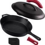 Cuisinel Cast Iron Skillet with Lid – 12″-inch Pre-Seasoned Covered Frying Pan Set + Silicone Handle & Lid Holders + Scraper/Cleaner – Indoor/Outdoor, Oven, Stovetop, Camping Fire, Grill Safe Cookware