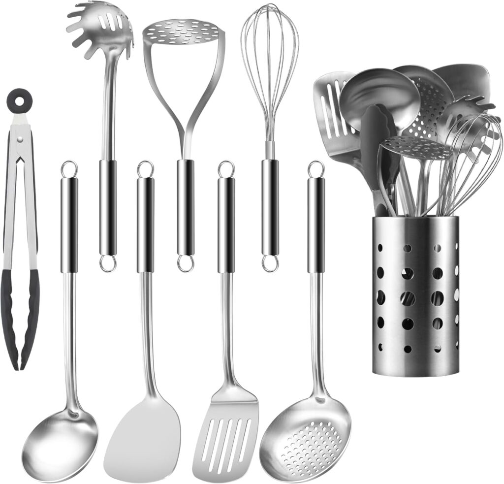 Pleafind Stainless Steel Cooking Utensils Set, 9 Pcs Heat Resistant Kitchen Utensils Set, Nonstick Kitchen Tools Set With Utensil Holder, Metal Spatula Set for Chef, Dishwasher Safe
