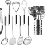 Pleafind Stainless Steel Cooking Utensils Set, 9 Pcs Heat Resistant Kitchen Utensils Set, Nonstick Kitchen Tools Set With Utensil Holder, Metal Spatula Set for Chef, Dishwasher Safe