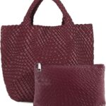 Women’s Vegan Leather Tote Bag – Handmade Woven Beach Bag, Travel Handbag with Purse & Top Handle Hobo Tote