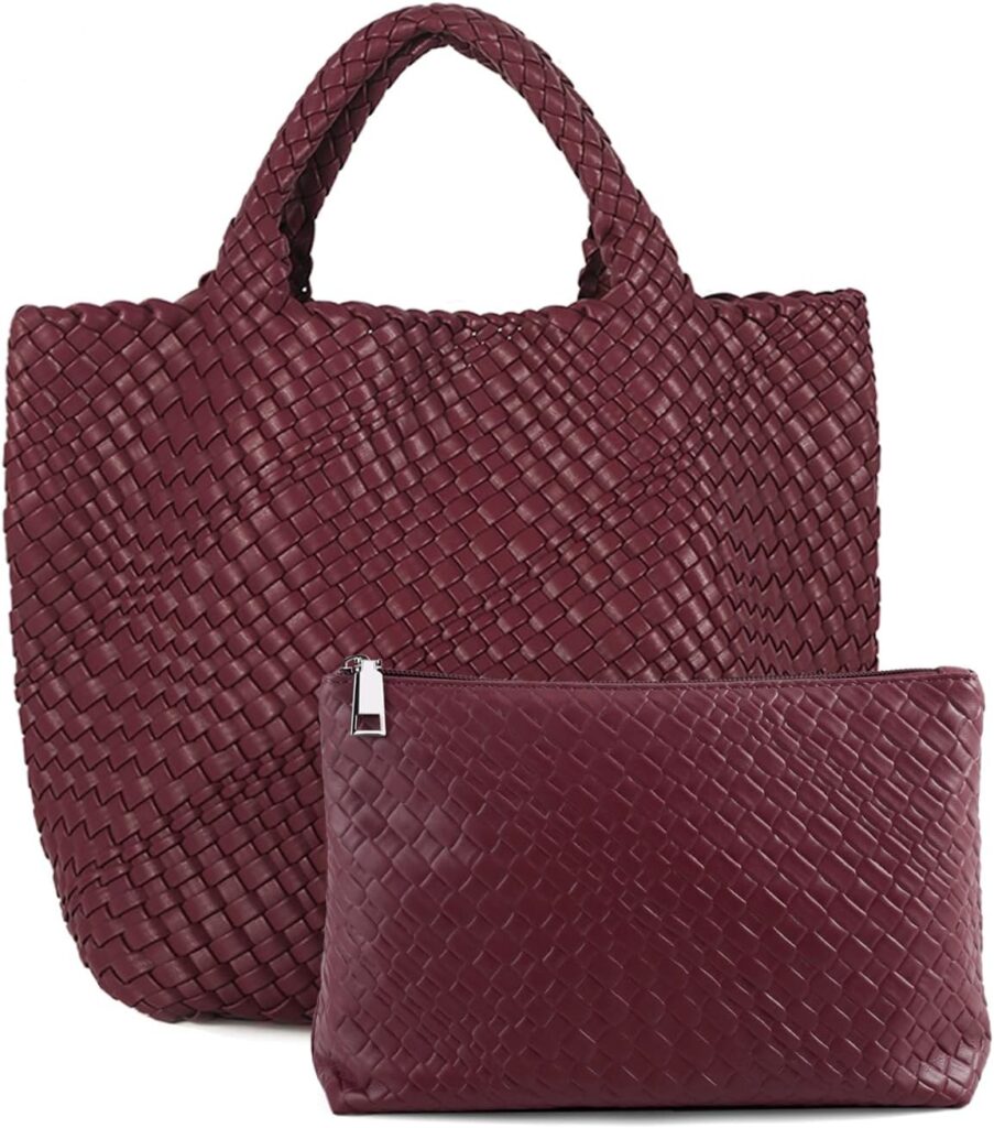 Women’s Vegan Leather Tote Bag – Handmade Woven Beach Bag, Travel Handbag with Purse & Top Handle Hobo Tote