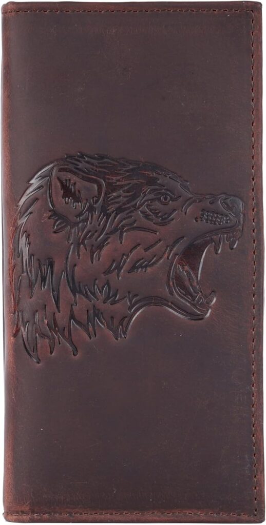 Wild Wolf Long Bifold Wallet for Men – Full Grain Cowhide Leather Rodeo Western Design – Handcrafted RFID Blocking, Slim Vintage Style – Gift for Hunters, Outdoorsmen, Father’s Day & Christmas