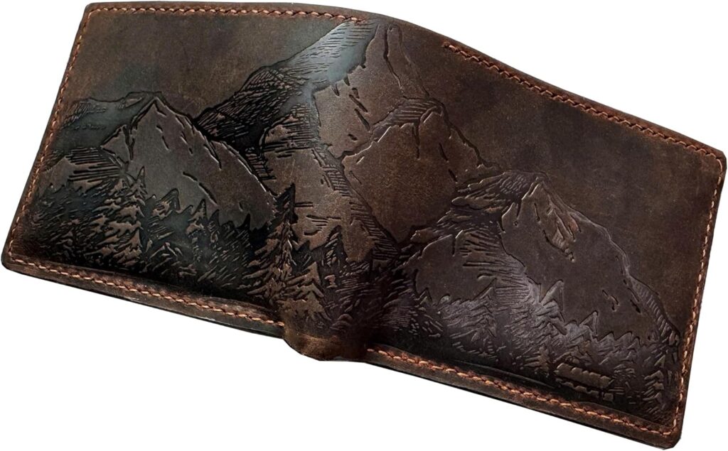 Mayan Corner – Mountain landscape handcrafted leather wallet, distress waxed leather gift, ID card slot bifold style