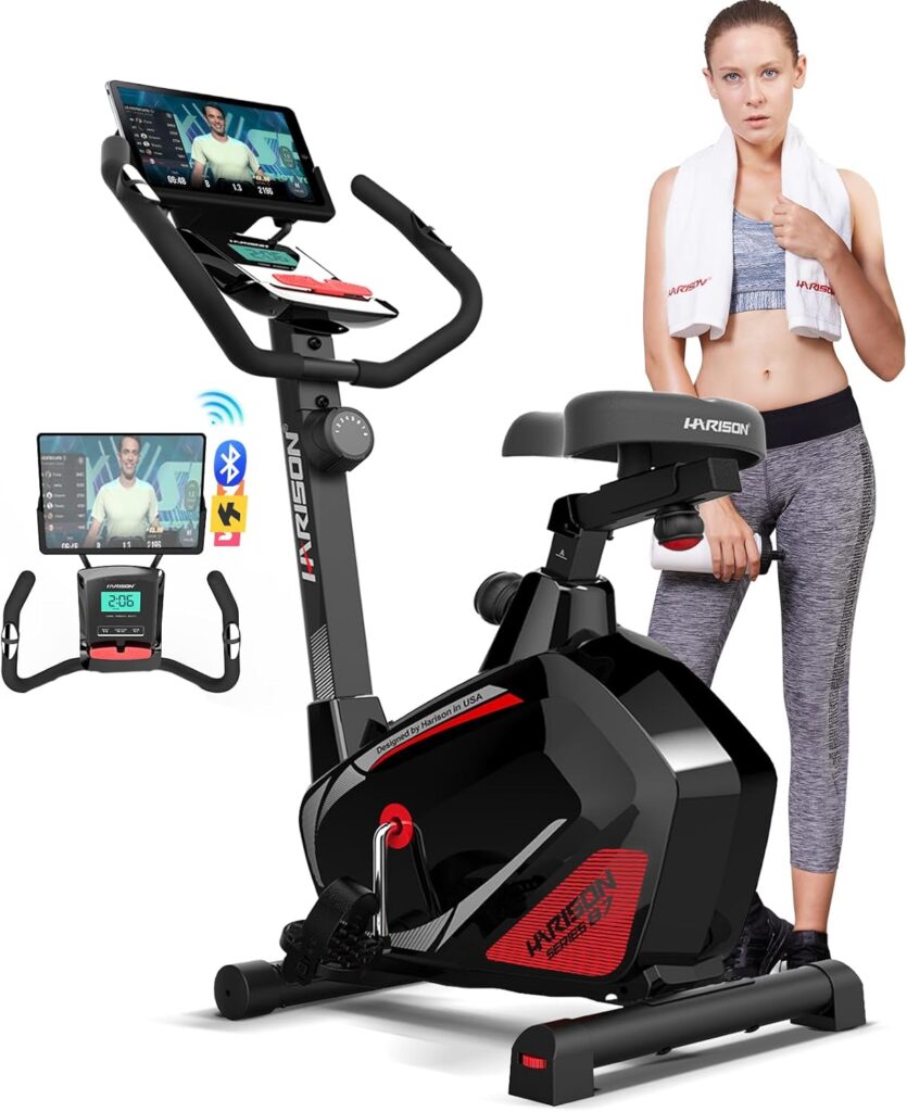 HARISON Magnetic Exercise Bike for Home 350lbs Capacity, Bluetooth Stationary Bikes for Home with 2 in 1 LCD Monitor and Tablet Holder, Comfortable Seat Cushion