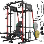 Mikolo Smith Machine, 2200lbs Squat Rack with LAT-Pull Down System & Cable Crossover Machine, Training Equipment with Leg Hold-Down Attachment