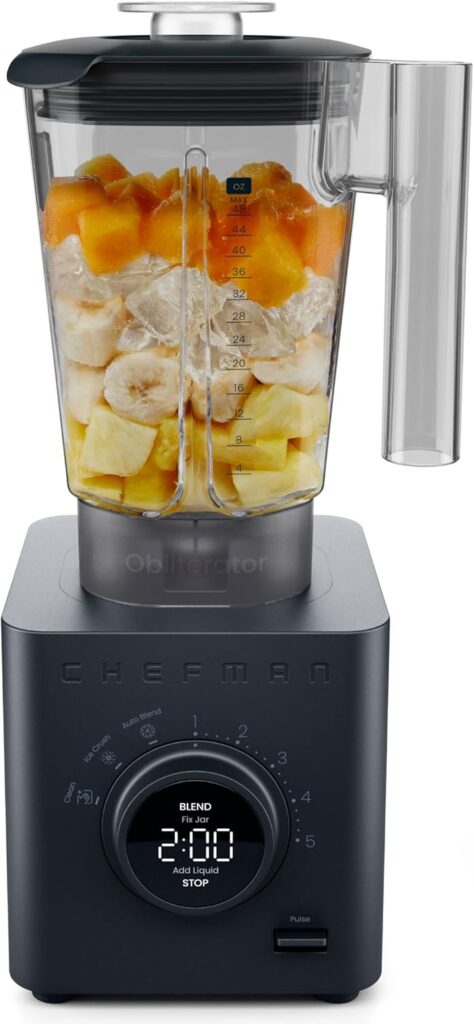 Chefman Obliterator 48 oz Countertop Blender for Smoothies, 1380W Motor to Crush Ice, Nuts, and Frozen Fruit with Stainless Steel Blade, Auto Blend Function, Includes Tamper and Scraper