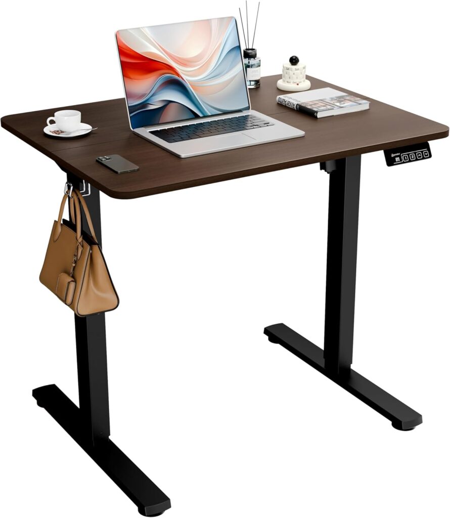 ERGOMAKER Electric Standing Desk, 31.5″ x 23.6″ Height Adjustable Sit Stand Desk with Splice Board for Home Office, Computer Desk Memory Preset (Black Frame, Walnut Desktop)