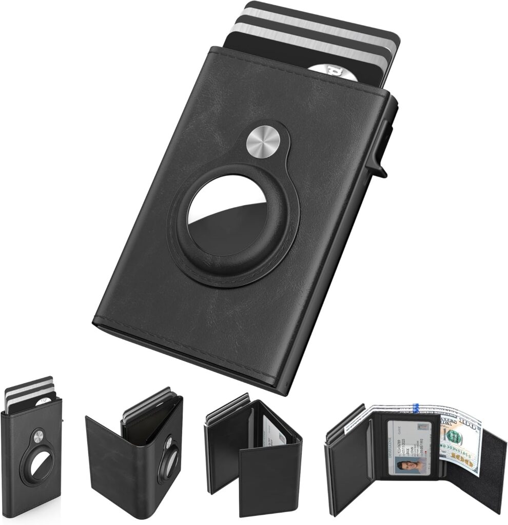 typecase Mens Wallet Card Holder for AirTag: Leather Smart Wallet for Men Compatible with Apple Air Tag, RFID Blocking, Slim, Minimalist – 9-14 Card Capacity | ID Window | Cash Slot (Black)