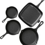 Pre-Seasoned Cast Iron skillets,4 Piece Durable Pots and Pans Set with Handle Covers for Grill, BBQ, Camping Fire, Stovetop, Kitchen and Camping Cookware