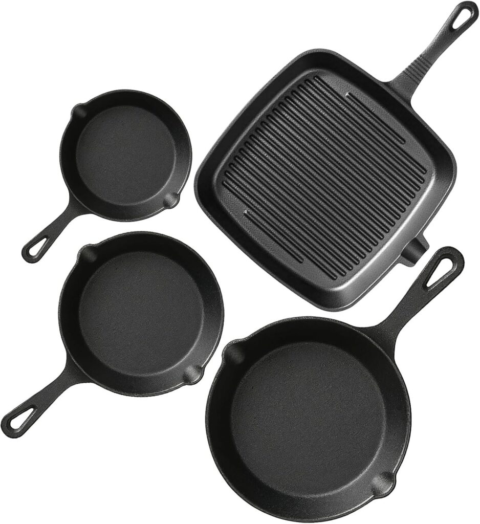 Pre-Seasoned Cast Iron skillets,4 Piece Durable Pots and Pans Set with Handle Covers for Grill, BBQ, Camping Fire, Stovetop, Kitchen and Camping Cookware