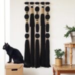 Flber Macrame Wall Hanging Black Sphericity Cotton Tassels Textile Hanging Geometric Yarn Wall Art for Bedroom Living Room Decor 15.7″ W x 39″ L