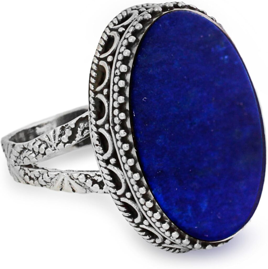 NOVICA Artisan Handmade Lapis Lazuli Cocktail Ring Blue Oval India .925 Sterling Silver Riverside Birthstone ‘Pool of Memories’