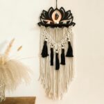 Artilady Macrame Wall Hanging Lotus Dream Catcher with Healing Crystal Stone Macrame Wall Art Boho Decor Wood Floating Shelf for Bedroom Living Room Bathroom Bohemian Decor, Black
