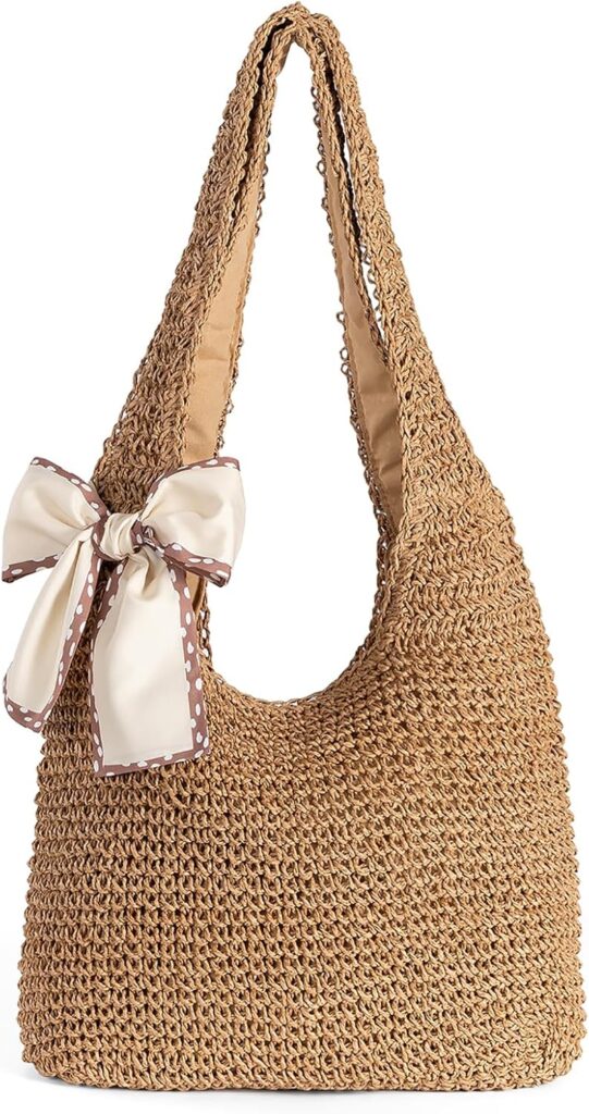 Straw Beach Bag for Women – Handmade Raffia Woven Tote Handbag, Summer Mesh Beach Purse for Vacation Holiday