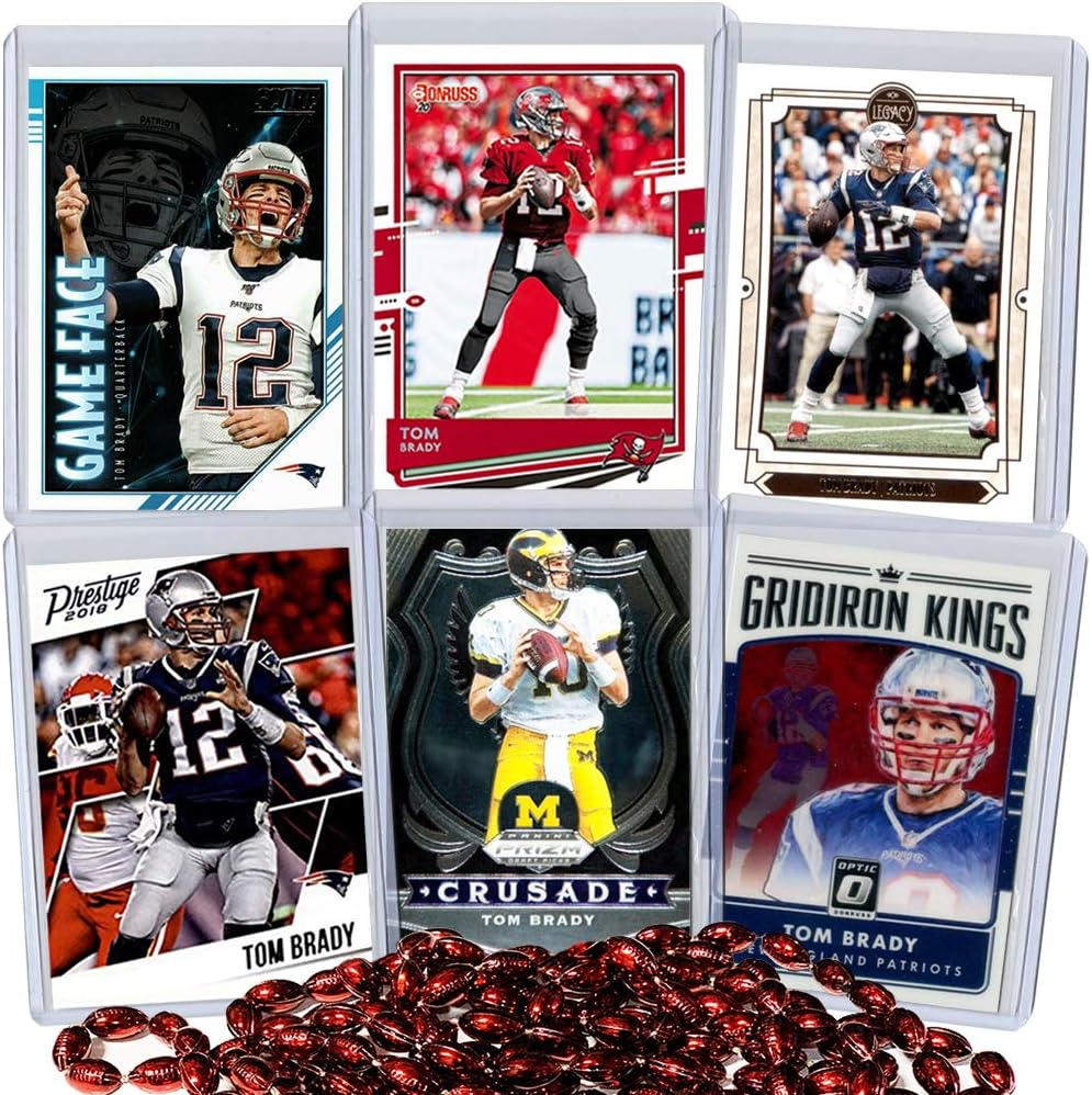 Tom Brady Football Card Bundle, Set of 6 Assorted Tampa Bay Buccaneers New England Patriots and Michigan Wolverines Football Cards of Quarterback Super Bowl Champion Protected by Sleeve and Toploader