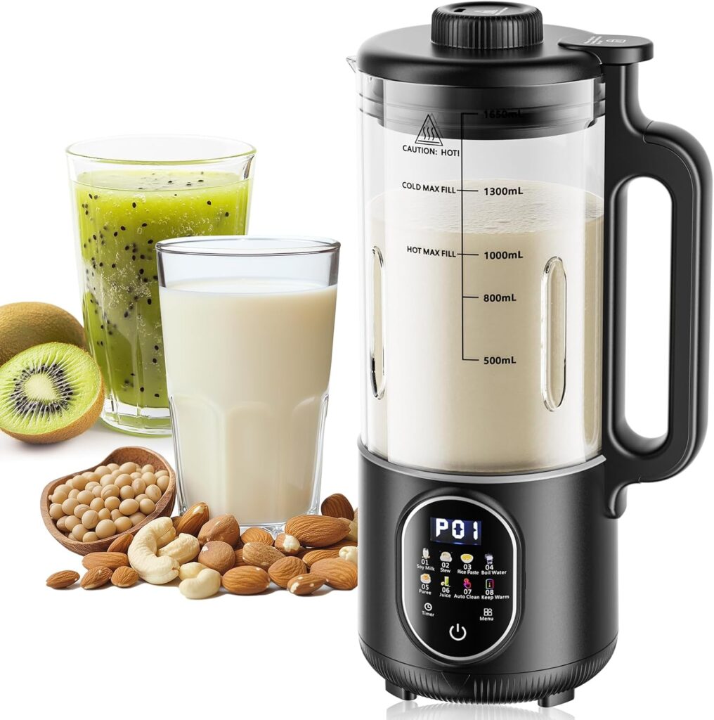 Upgraded 55oz Nut Milk Maker Machine & Blender, 10-in-1 Homemade Soy Milk Maker with 20 Blades, Plant-Based Almond Oat Milk Maker with Auto Clean, Delay Start, Boil Water, Keep Warm, 5-6 Cups, Black