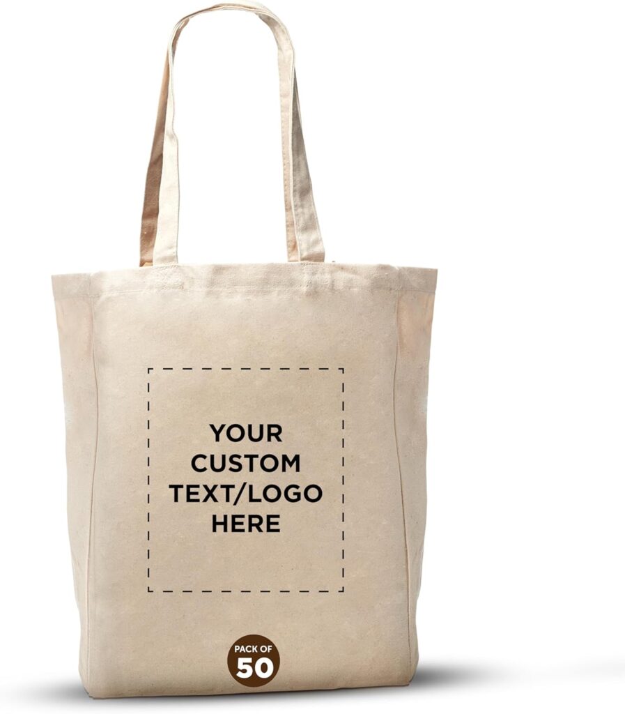 DISCOUNT PROMOS Custom Cotton Canvas Tote Bags (Set of 50) – Personalized, Reusable & Eco-Friendly – Perfect for Grocery, Promotions, Branding – Natural Color, 14.25″X15.5″X5″, 10 OZ Cotton